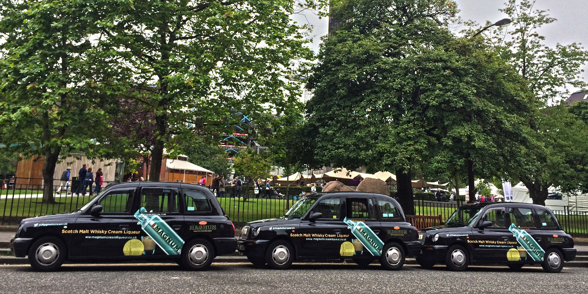 Taxi advertising in Inverness, Dundee, Edinburgh & Glasgow for Magnum Whisky Liqueur