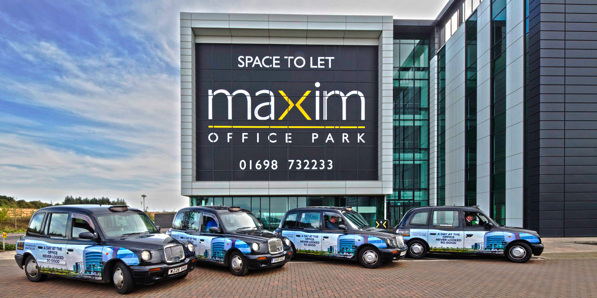 Glasgow taxi advertising for Maximpark Office Complex Eurocentral